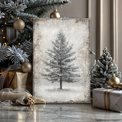 Rectangular snowy tree canvas wall art with holiday ornaments around it