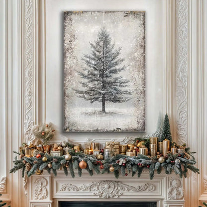 Snowy tree wall art on rectangular canvas with gray and white speckled finish