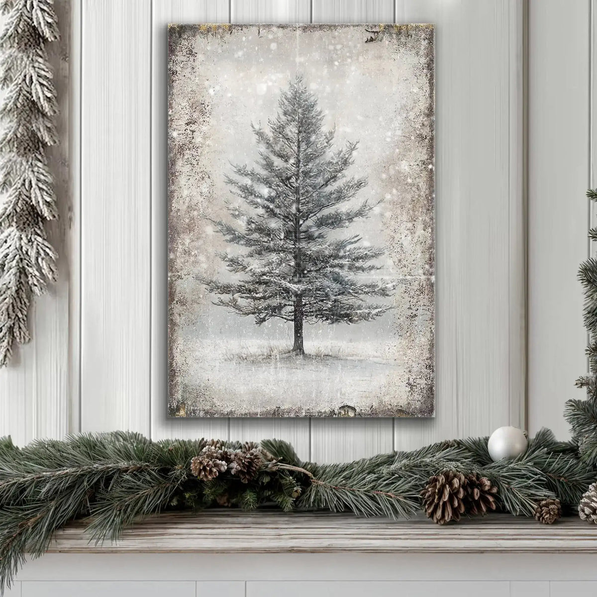 Snowy tree wall art canvas hanging above a green garland on a wall
