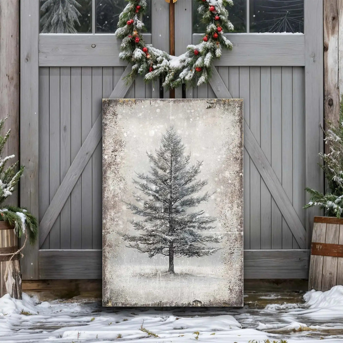Snowy tree canvas wall art on easel with gray and white speckled finish