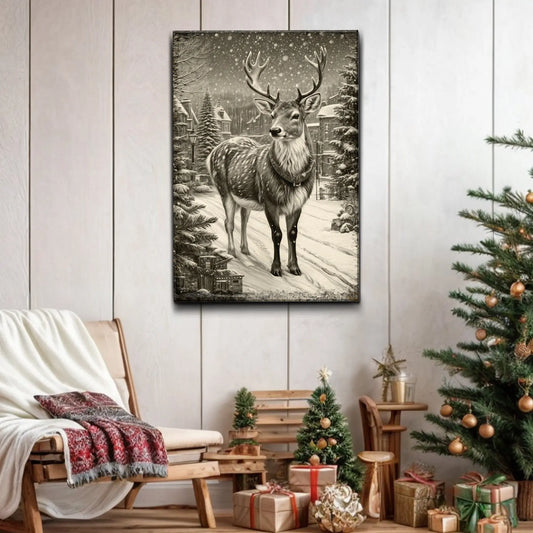 Vintage Winter Deer Christmas Wall Art II Tailored Canvases 18x12 inch Medium Premium Gallery Wrapped 24x16 inch Large Premium Gallery Wrapped 36x24 inch Extra Large Premium Gallery Wrapped 18x12 inch Medium Premium Gallery Wrapped-24x16 inch Large Premium Gallery Wrapped-36x24 inch Extra Large Premium Gallery Wrapped-