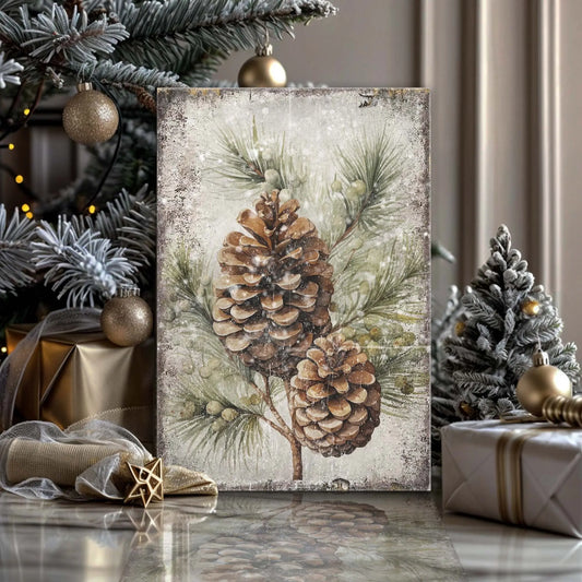 Vintage Winter Pine Cone Christmas Wall Art II Tailored Canvases 18x12 inch Medium Premium Gallery Wrapped 24x16 inch Large Premium Gallery Wrapped 36x24 inch Extra Large Premium Gallery Wrapped 18x12 inch Medium Premium Gallery Wrapped-24x16 inch Large Premium Gallery Wrapped-36x24 inch Extra Large Premium Gallery Wrapped-