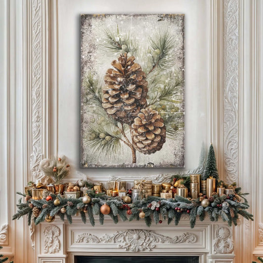 Vintage Winter Pine Cone Christmas Wall Art II Tailored Canvases 18x12 inch Medium Premium Gallery Wrapped 24x16 inch Large Premium Gallery Wrapped 36x24 inch Extra Large Premium Gallery Wrapped 18x12 inch Medium Premium Gallery Wrapped-24x16 inch Large Premium Gallery Wrapped-36x24 inch Extra Large Premium Gallery Wrapped-