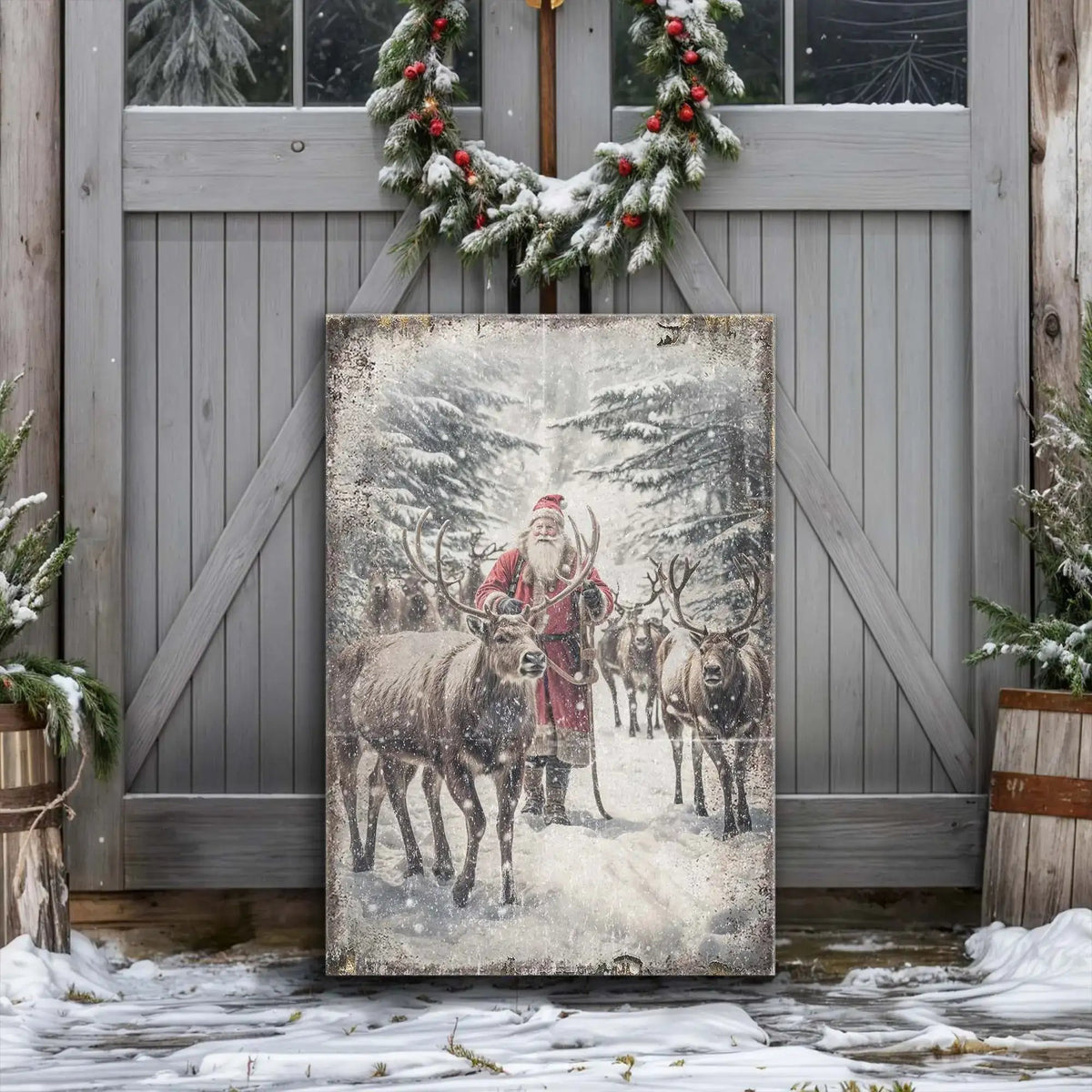 Vintage Woodland Santa Christmas Wall Art
