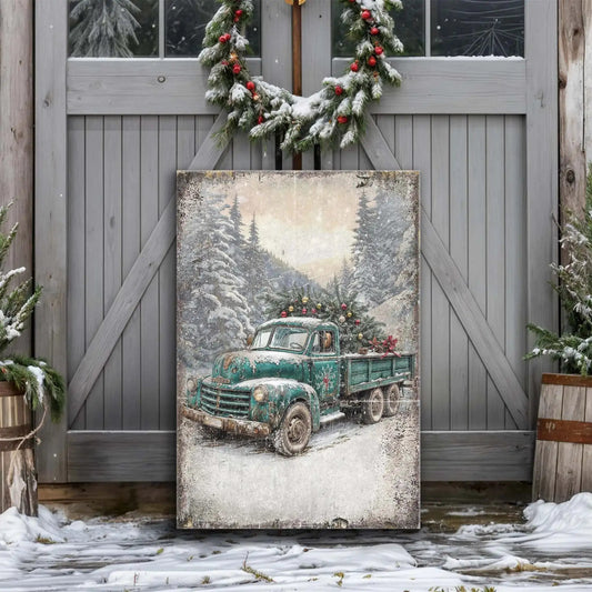 Vintage Truck With Christmas Tree Wall Art Tailored Canvases 18x12 inch Medium Premium Gallery Wrapped 24x16 inch Large Premium Gallery Wrapped 36x24 inch Extra Large Premium Gallery Wrapped 18x12 inch Medium Premium Gallery Wrapped-24x16 inch Large Premium Gallery Wrapped-36x24 inch Extra Large Premium Gallery Wrapped-