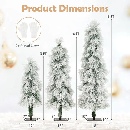 Artificial Christmas Tree Set of 3 with Snow-flocked Branch Tips and LED Lights