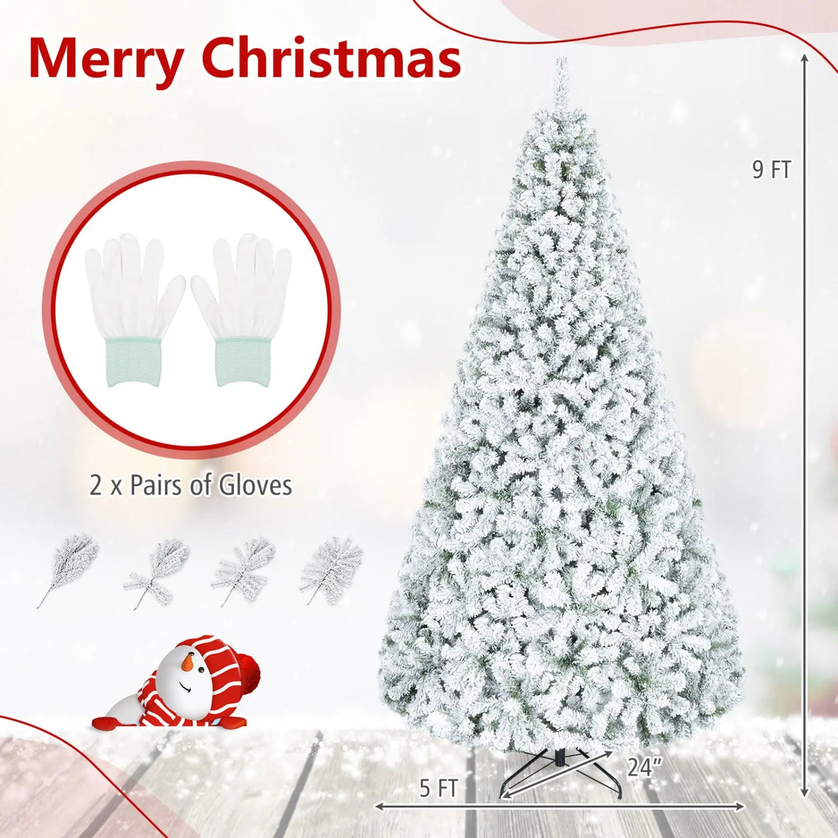 Snow-Flocked Artificial Christmas Tree 9 ft with Metal Stand