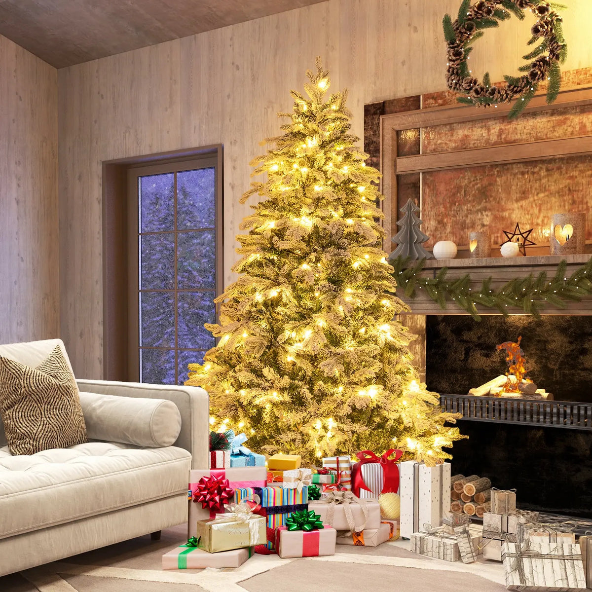 4.5/6/7 Feet Flocked Christmas Tree with Warm White LED Lights