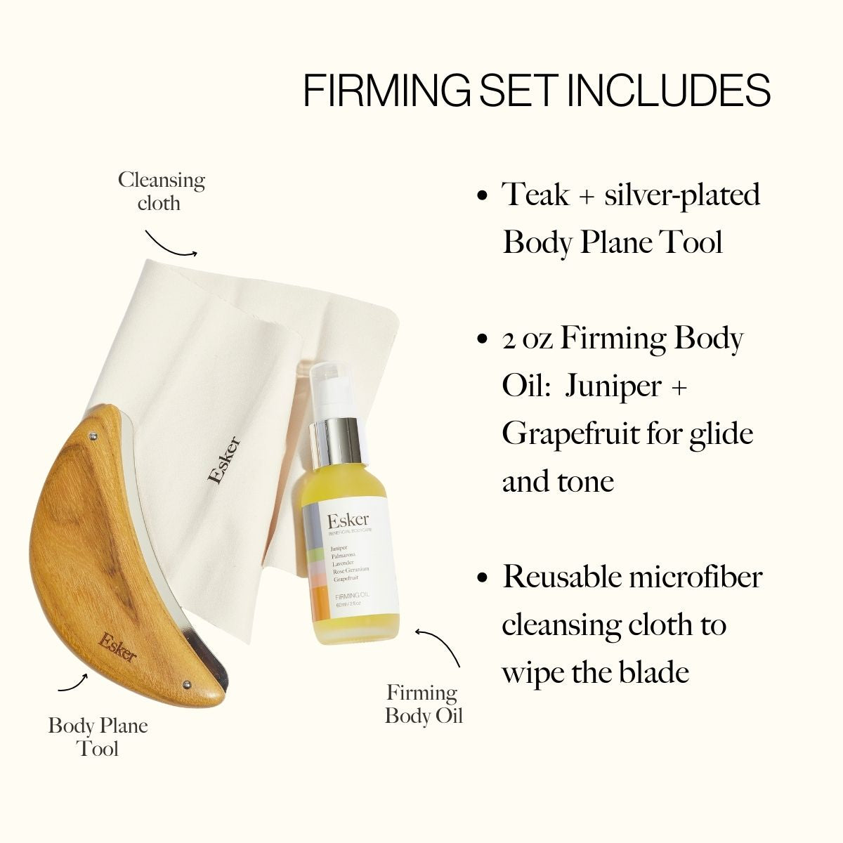 Wooden body plane exfoliation tool with cloth and firming body oil bottle