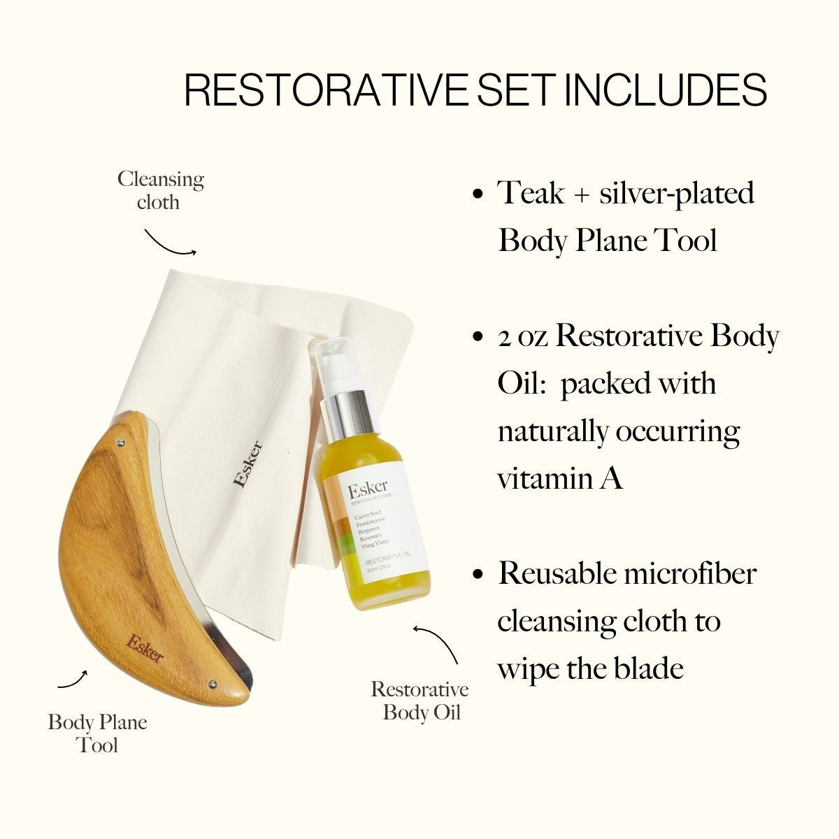 Wooden body plane exfoliation tool with cloth and restorative body oil bottle