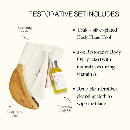 Wooden body plane exfoliation tool with cloth and restorative body oil bottle