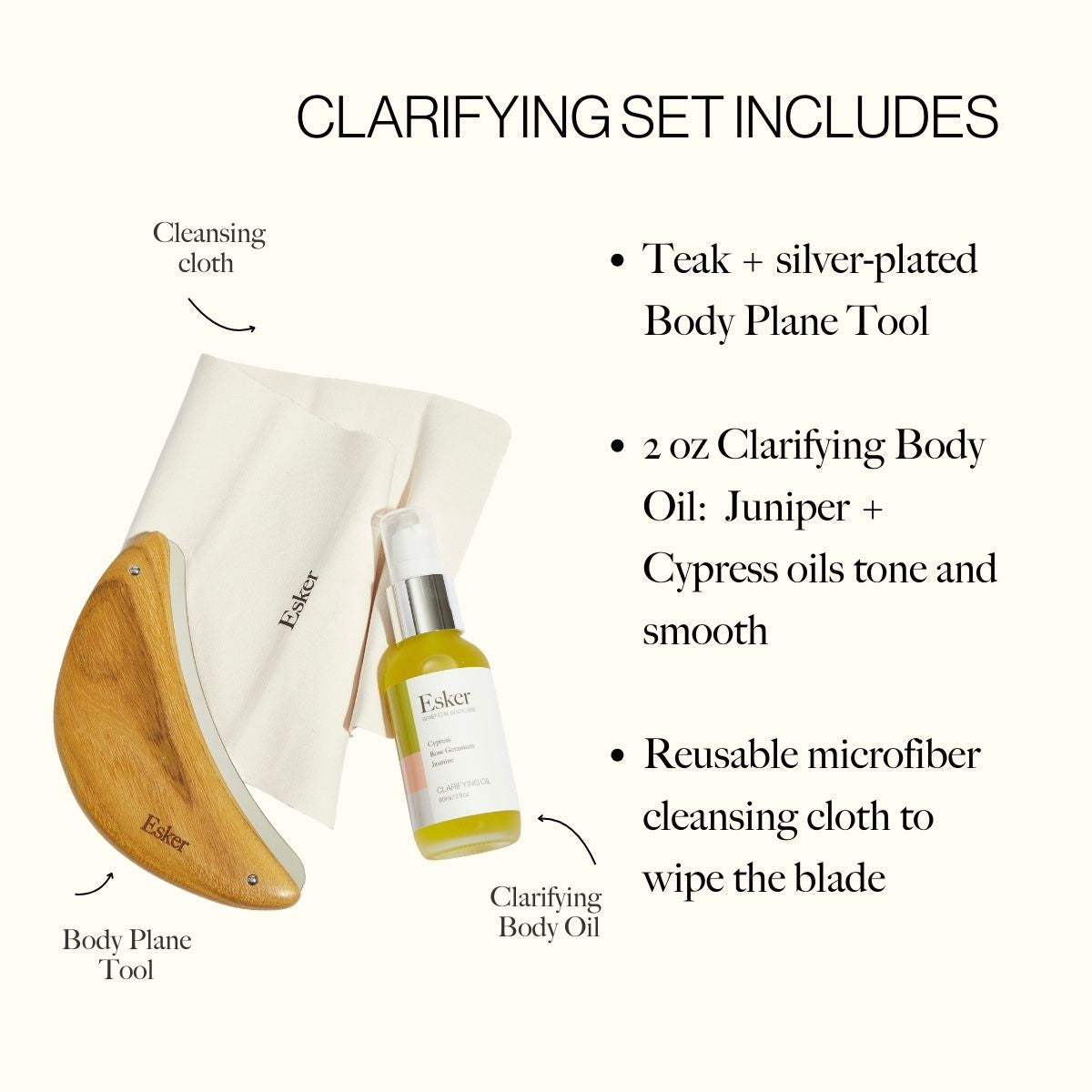 Wooden body plane exfoliation tool with cloth and clarifying body oil bottle