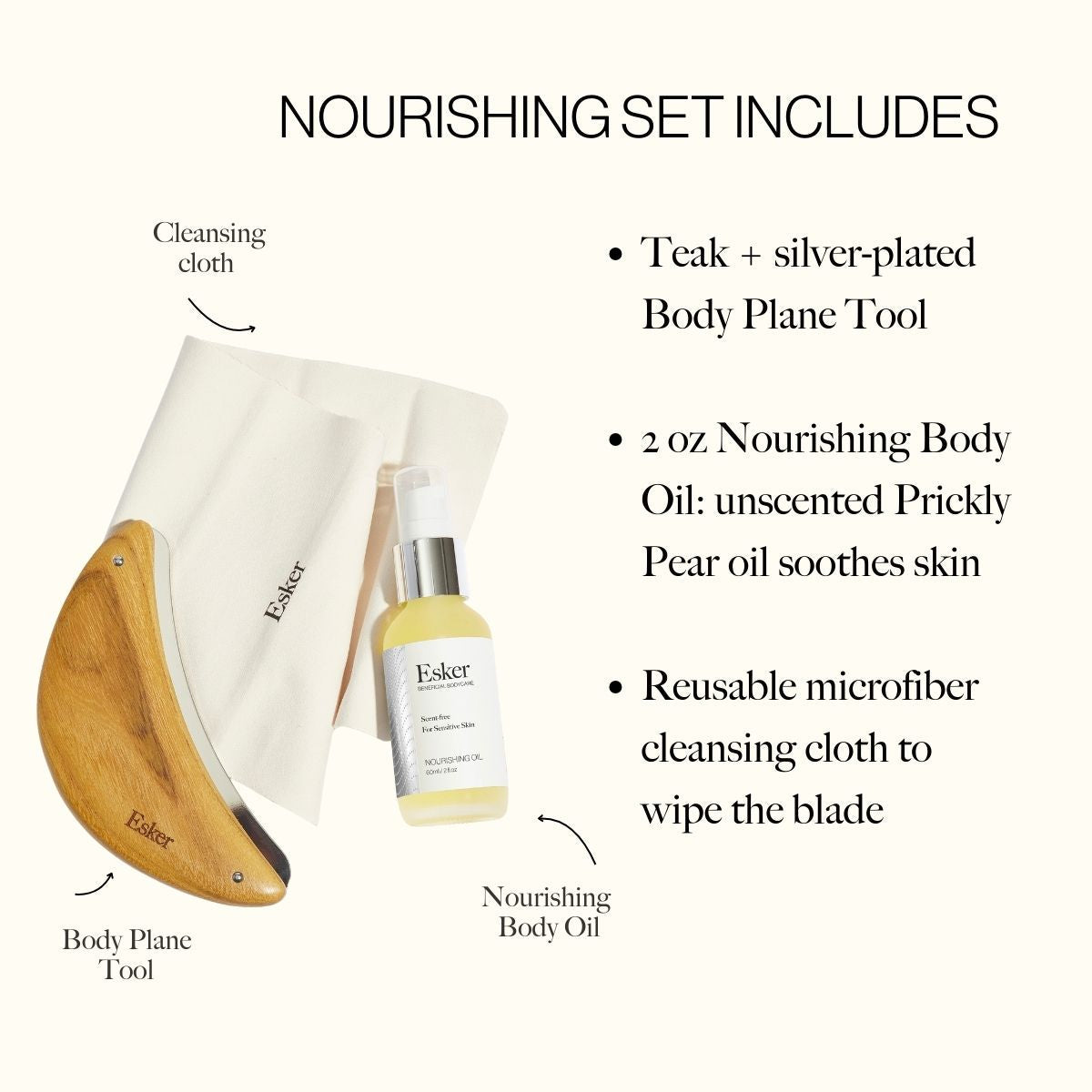 Wooden body plane exfoliation tool with cloth and nourishing body oil bottle