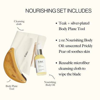 Wooden body plane exfoliation tool with cloth and nourishing body oil bottle