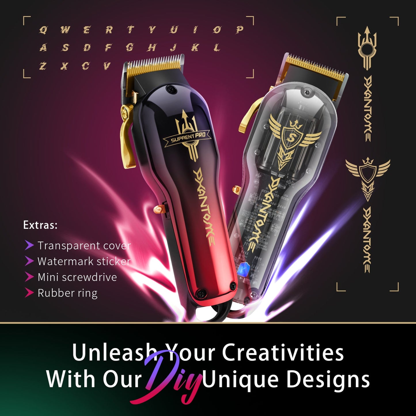 Rose and black hair clipper with gold blades, shown with matching clipper pair