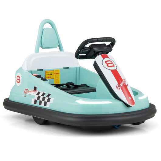 Kids ride-on bumper car with steering wheel, light green body, black base, red side panel