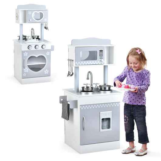 Toddlers chef pretend kitchen playset with white oven and sink, includes cookware and utensils