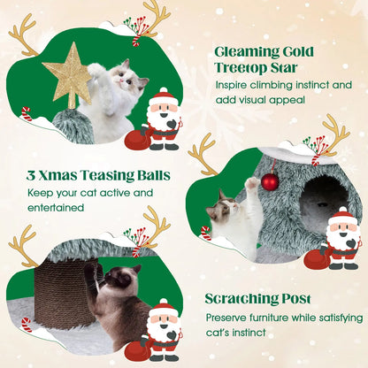 Christmas Cat Tree for Indoor Cats 48.5 inch Cute Cat Tower with 2 Large Condos Scratching Post-Green