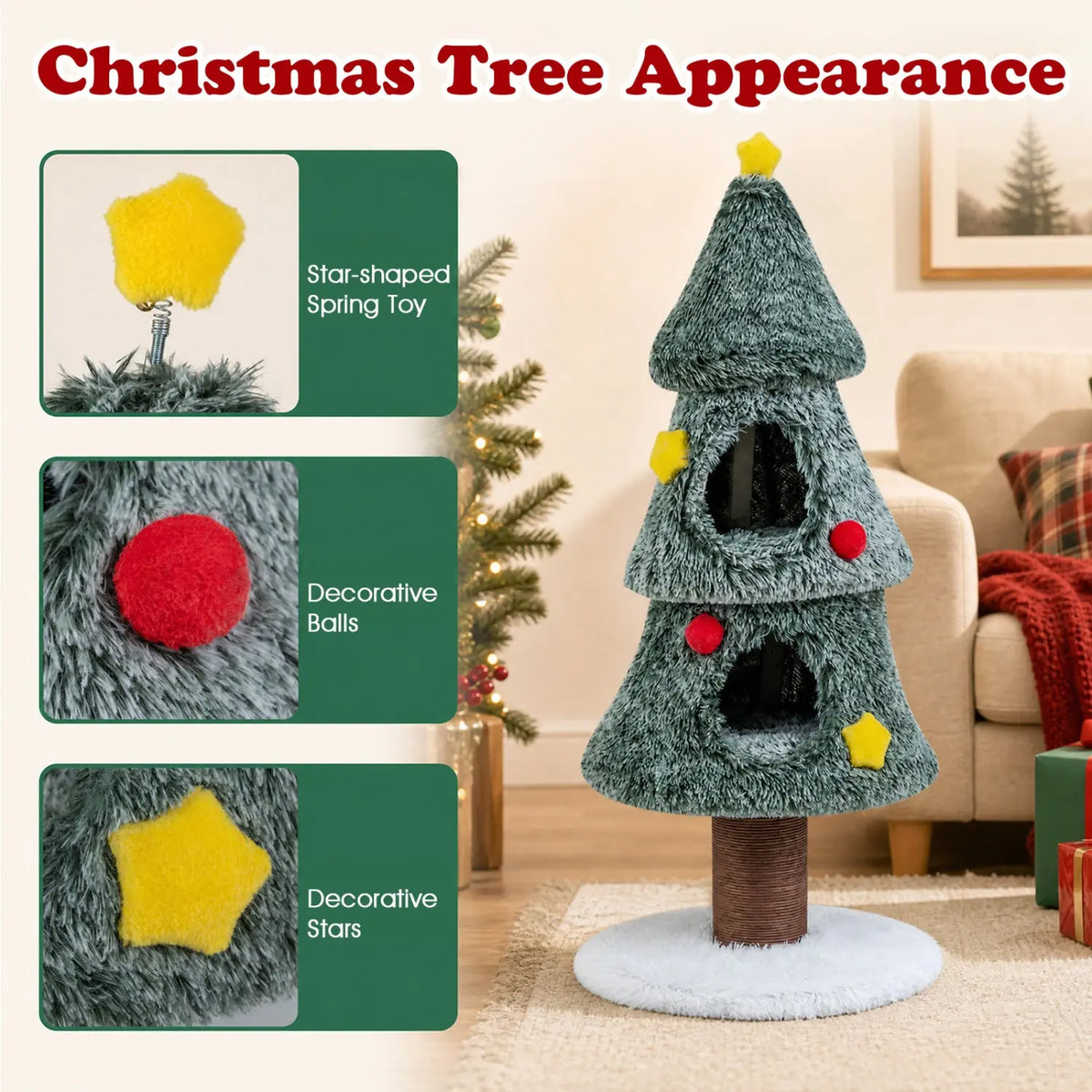 Christmas Cat Tree with 2 Condos & Scratching Post