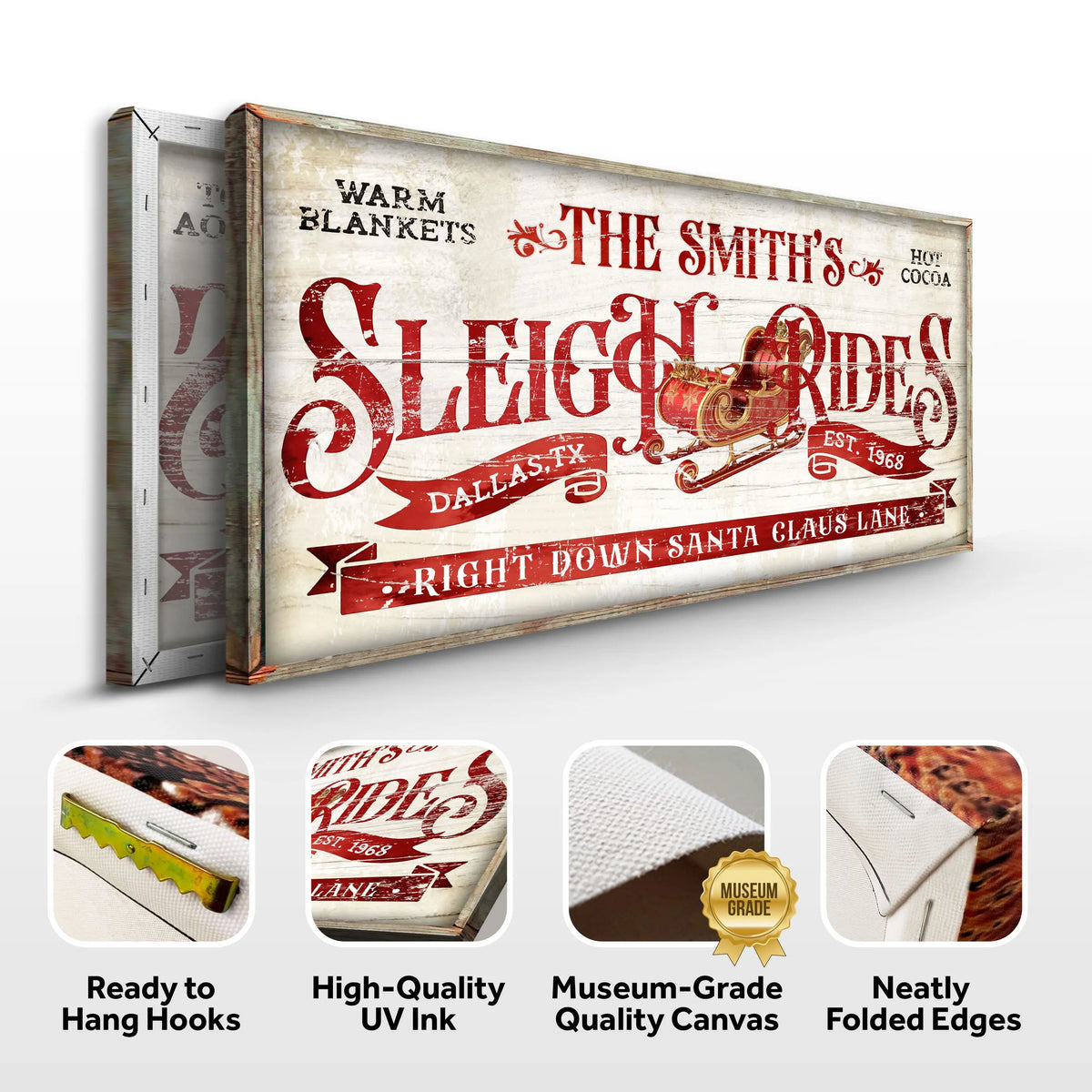 3D framed canvas wall art with sleigh ride design and feature icons