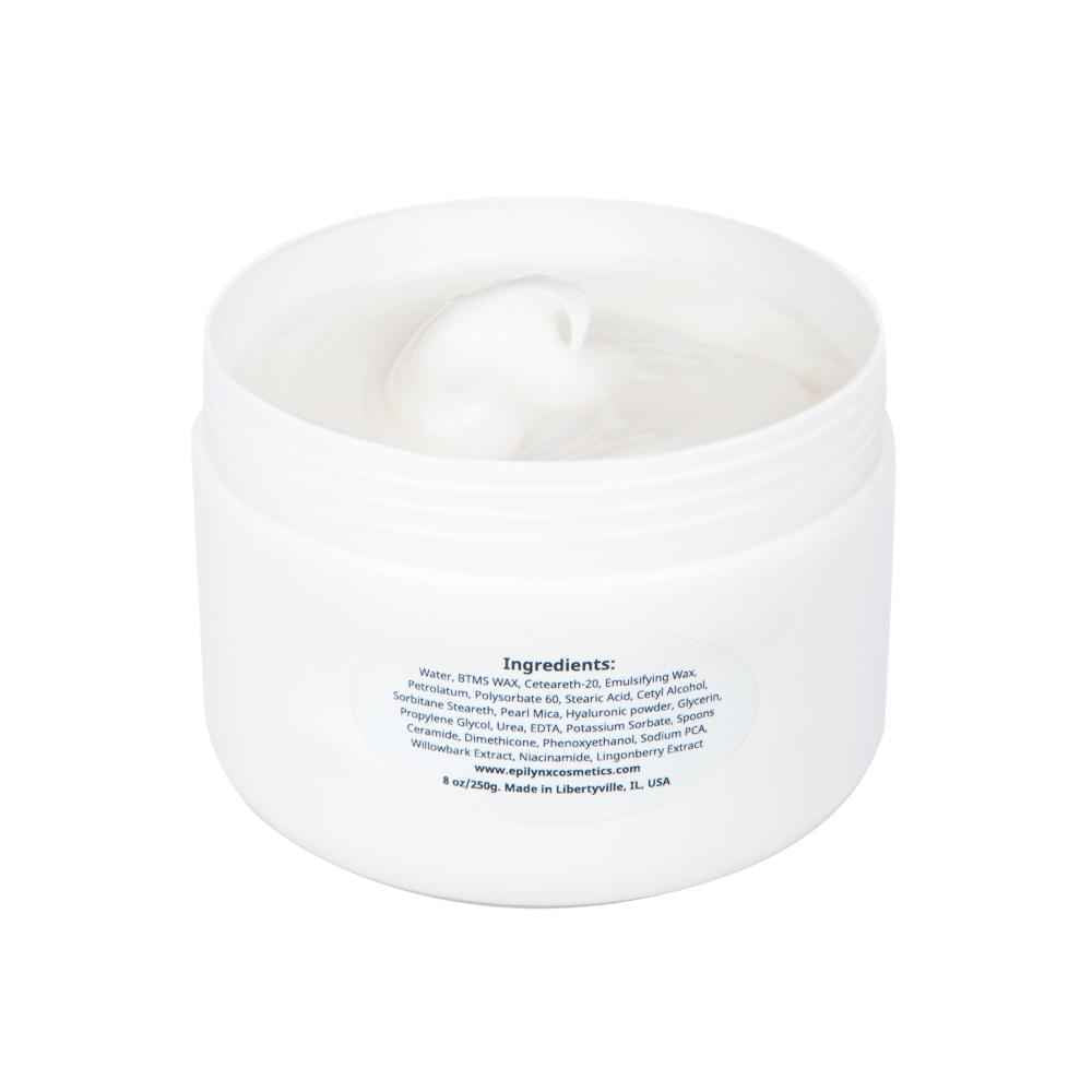 White body cream jar with ingredients label on side and open lid