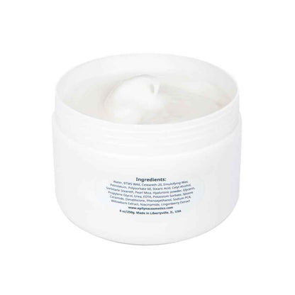 White body cream jar with ingredients label on side and open lid