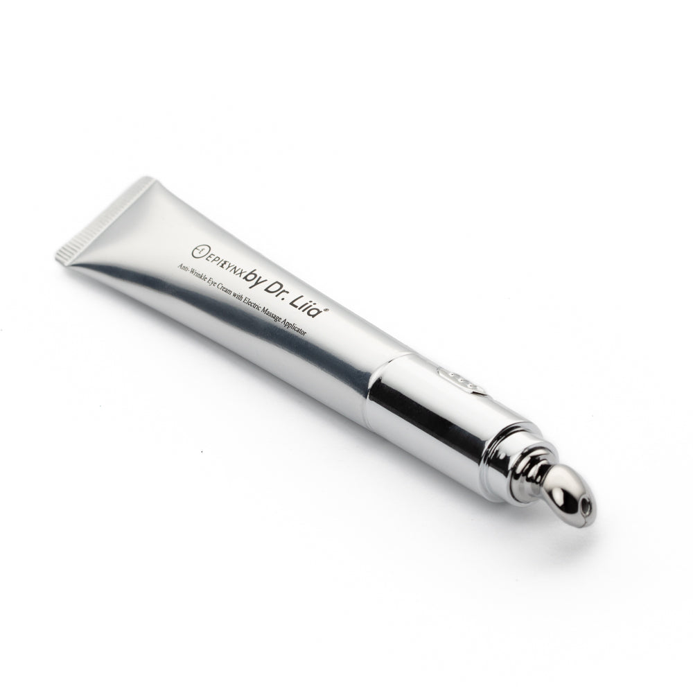 White and silver eye cream tube with roller applicator tip