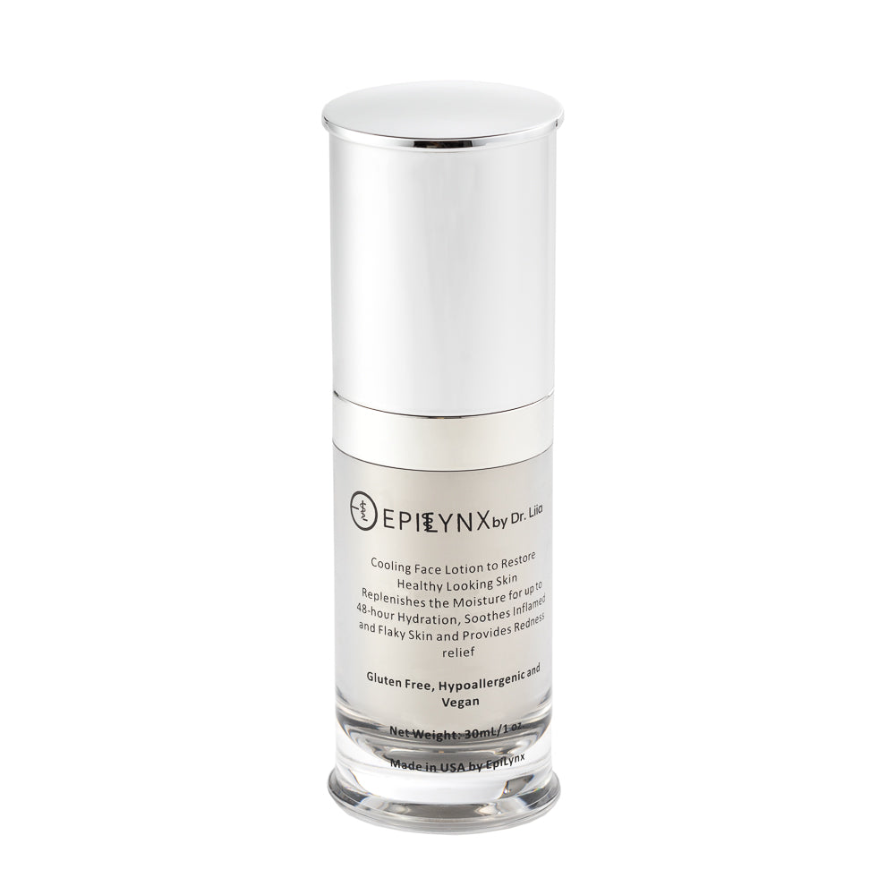 White cylindrical moisturizer bottle with silver lid and printed label panel
