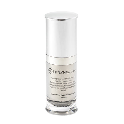 White cylindrical moisturizer bottle with silver lid and printed label panel