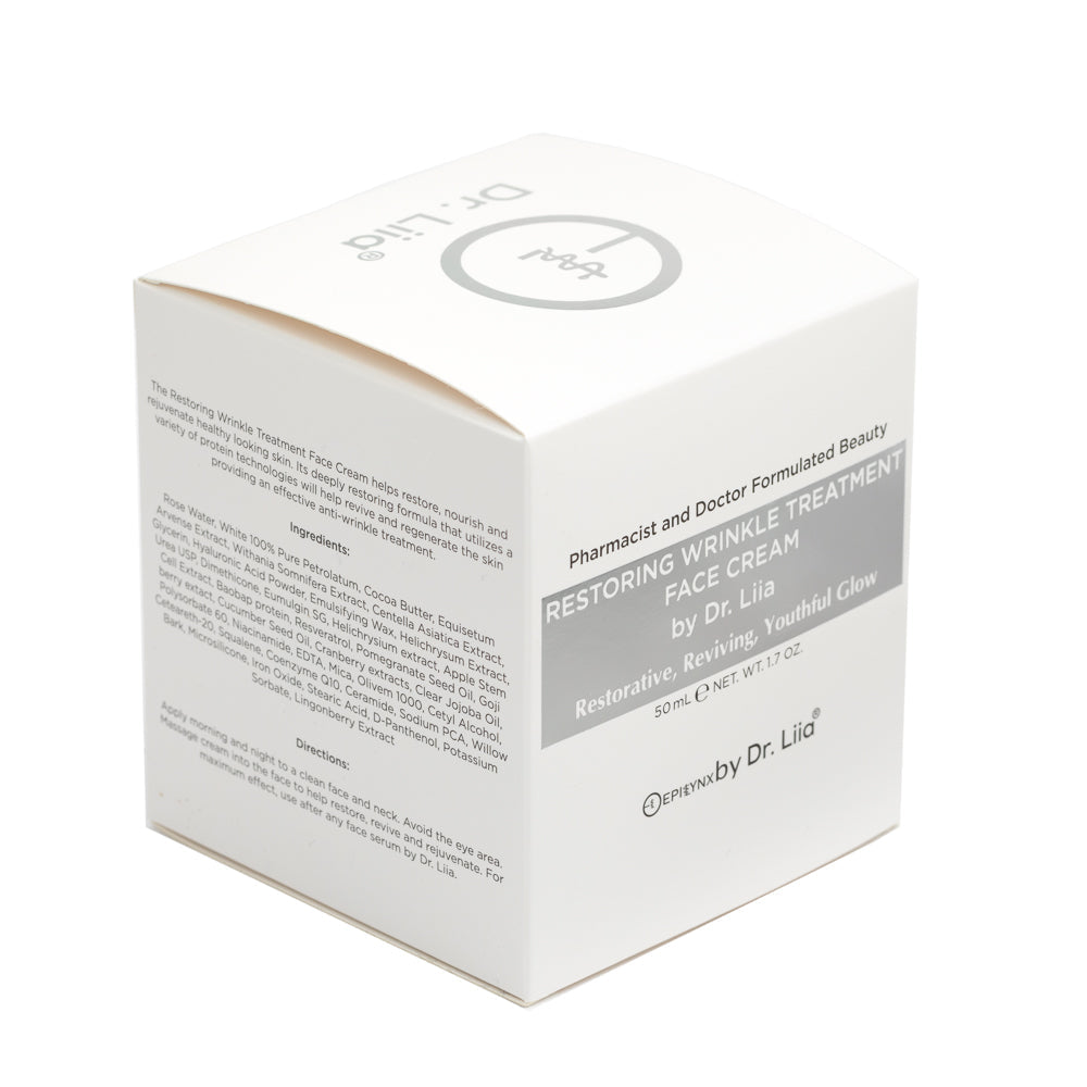 White face cream box with Restoring Wrinkle Treatment label and barcode text