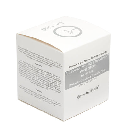 White face cream box with Restoring Wrinkle Treatment label and barcode text