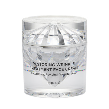 Clear plastic face cream jar with domed lid and Restoring Wrinkle Treatment label