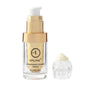 Glass serum bottle with gold pump and cap, clear amber liquid inside.