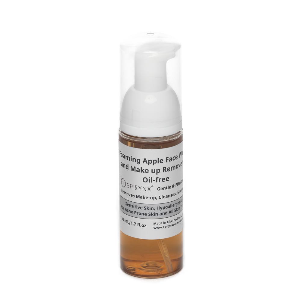 Foaming facial cleanser bottle with white pump and amber liquid, front view
