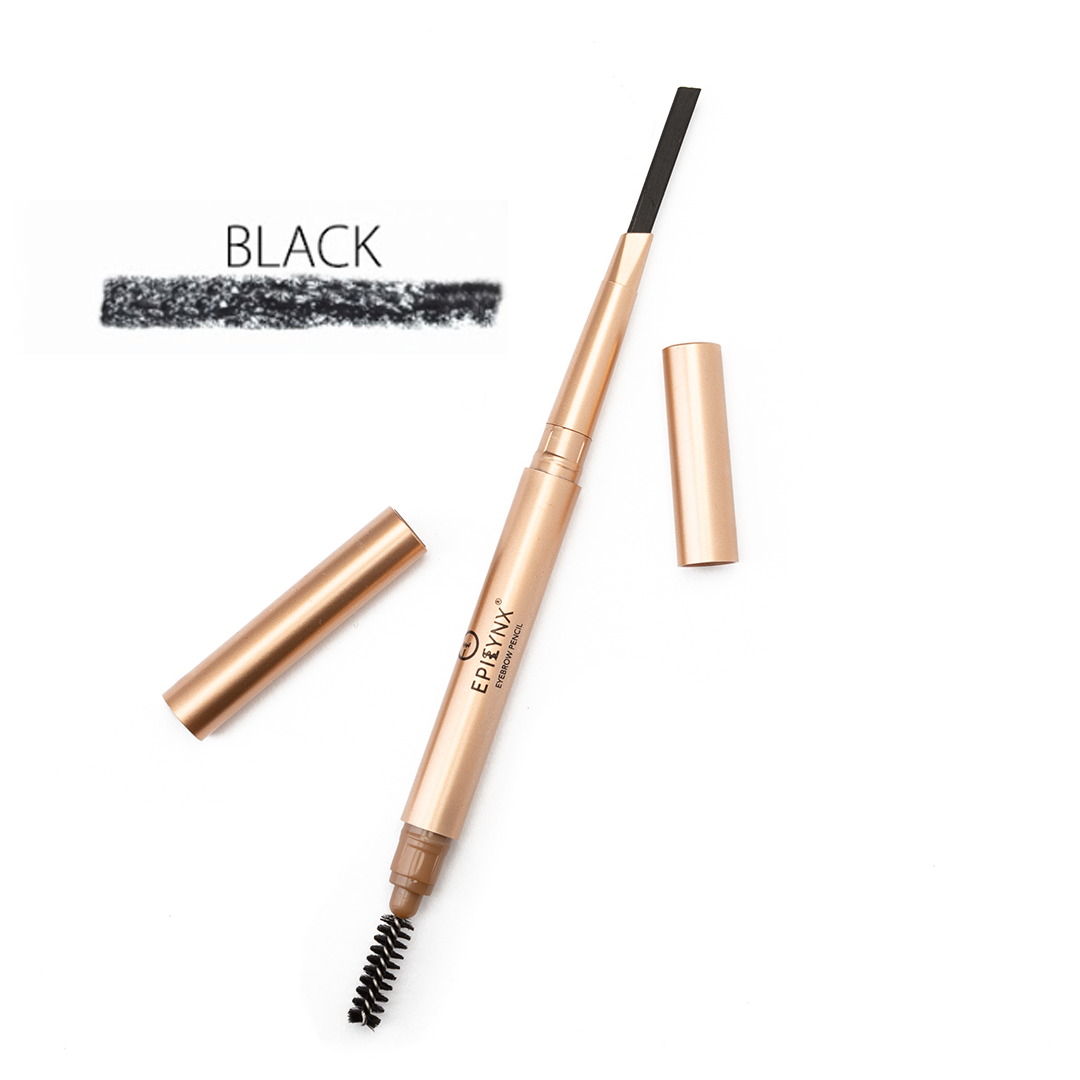 Eyebrow pencil in black with built-in brush wand, in a beige-gold tube