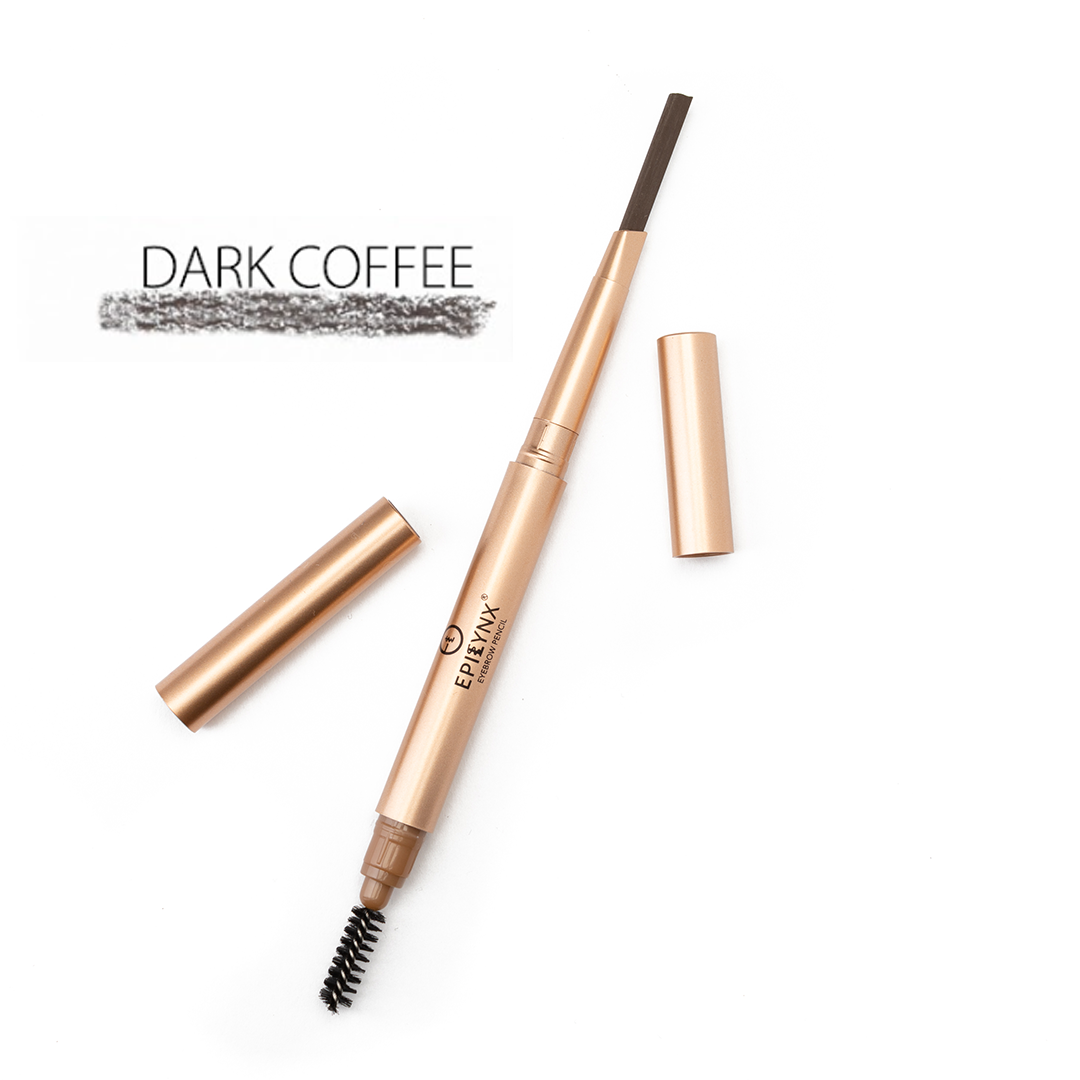 Eyebrow pencil in dark coffee with built-in brush wand, in a beige-gold tube