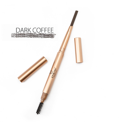 Eyebrow pencil in dark coffee with built-in brush wand, in a beige-gold tube