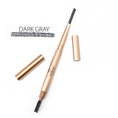 Eyebrow pencil in dark gray with built-in brush wand, in a beige-gold tube