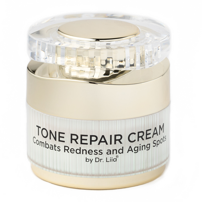 Tone Repair Cream jar with mirrored gold lid and side label
