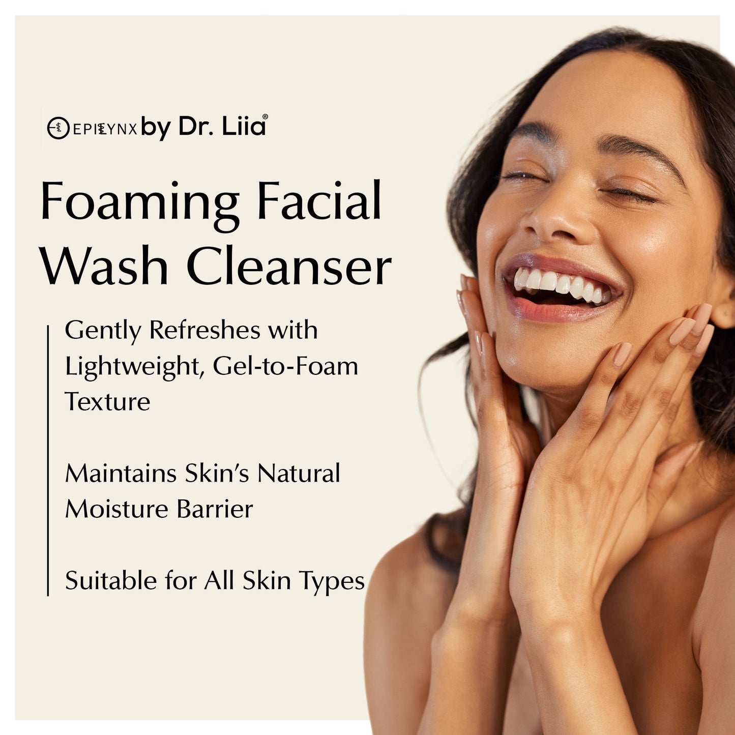 Foaming facial wash cleanser bottle held near smiling woman's face