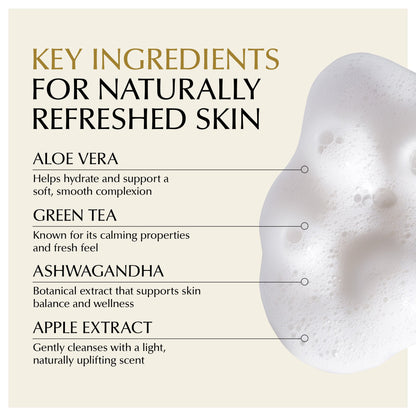 Foaming facial cleanser bottle with white pump beside foamy texture