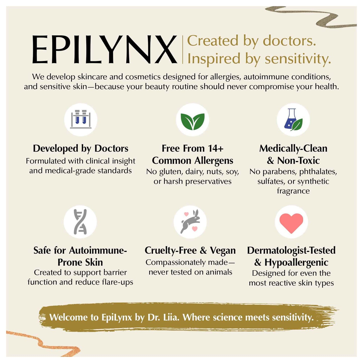 Liquid eyeliner infographic card with dermatologist and cruelty-free vegan claims