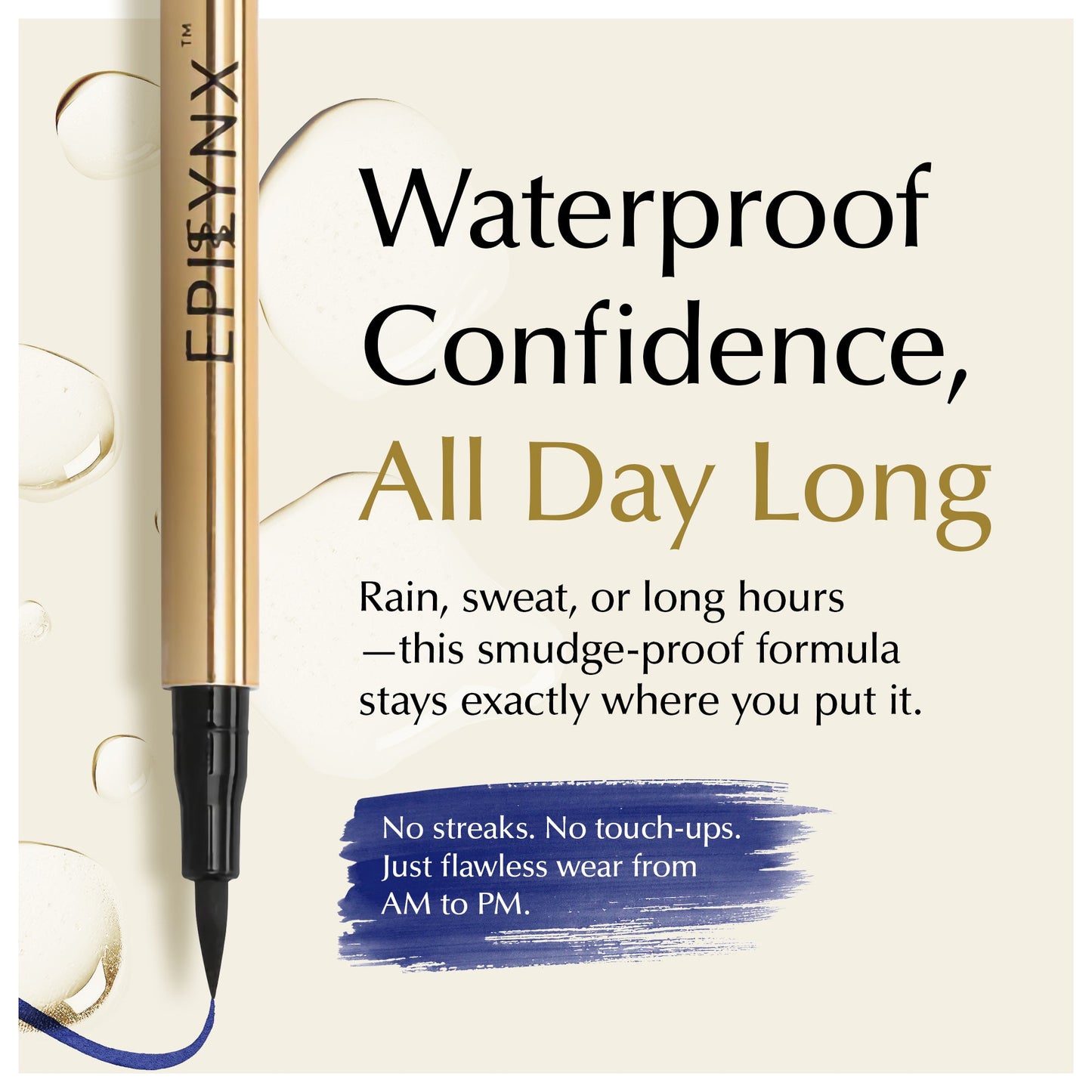 Gold liquid eyeliner pen with blue smudge-proof swatch and waterproof all-day text