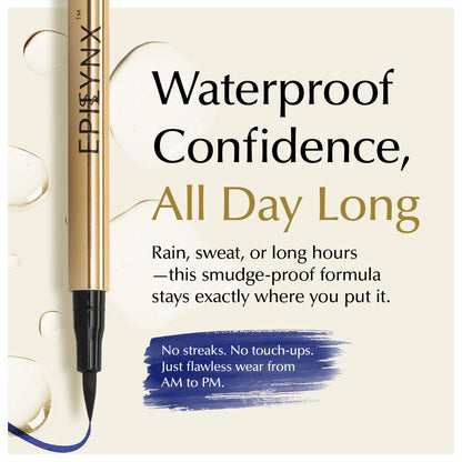 Gold liquid eyeliner pen with blue smudge-proof swatch and waterproof all-day text