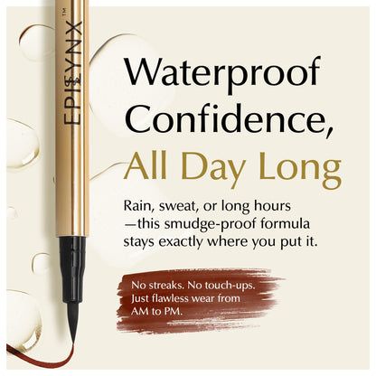 Liquid eyeliner pen with matte black tip and ink stroke, waterproof smudge-proof