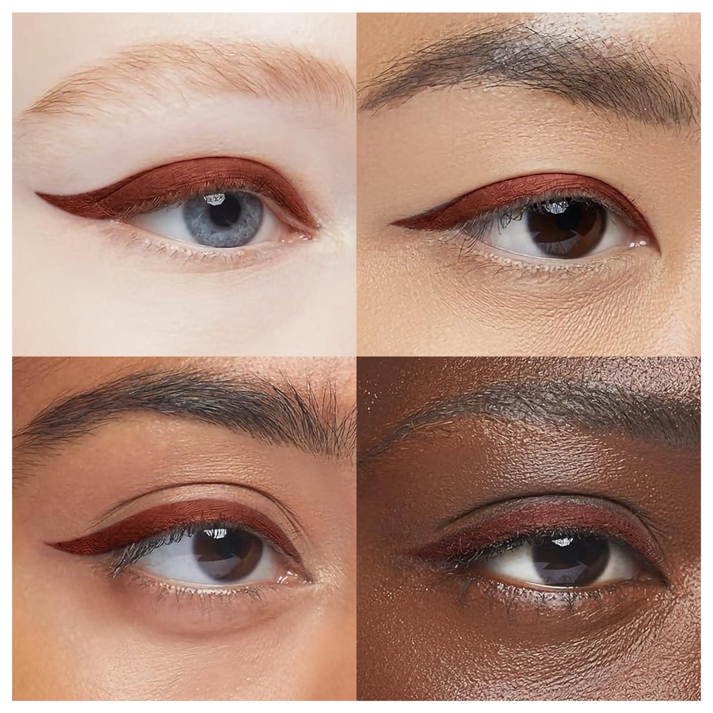 Liquid eyeliner on eyelids with brownish-red and brown winged lines, smudge-proof finish