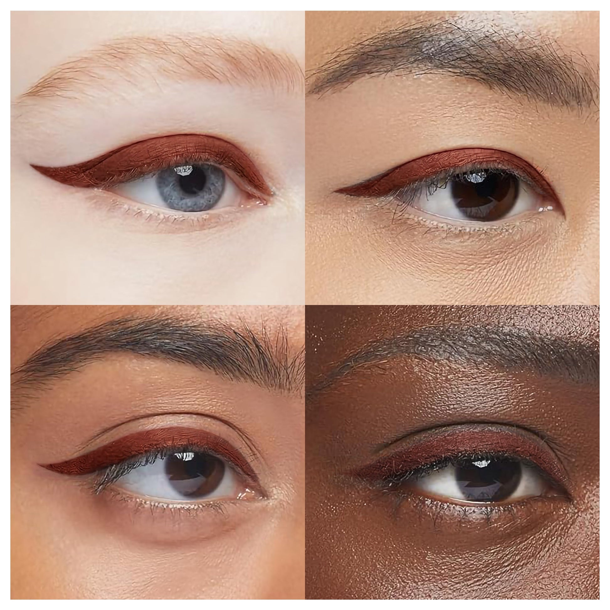 Liquid eyeliner on eyelids with brownish-red and brown winged lines, smudge-proof finish