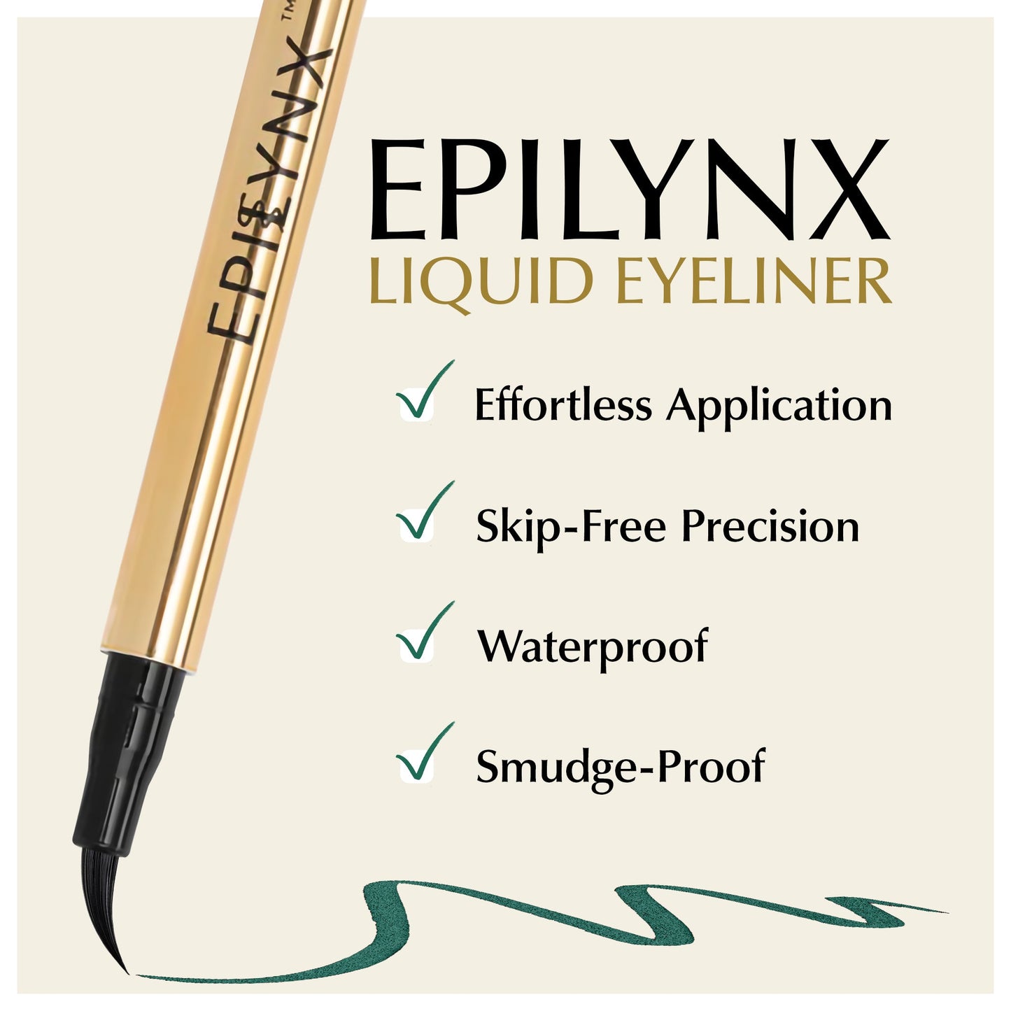 Liquid eyeliner pen with black tip and green swatch