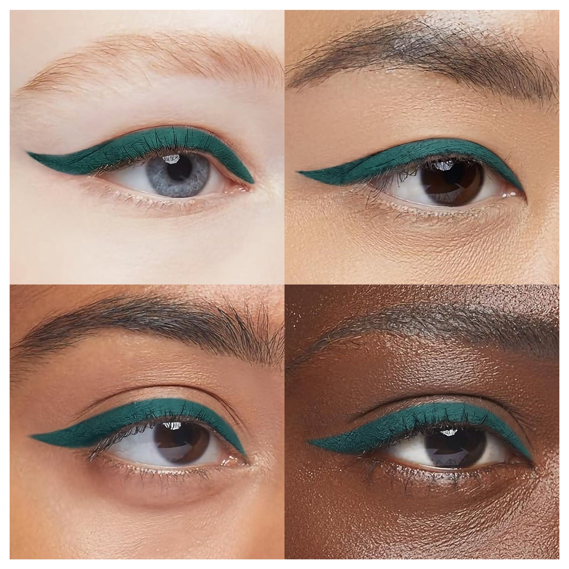 Liquid eyeliner on eyelids with deep teal winged lines and shimmer finish