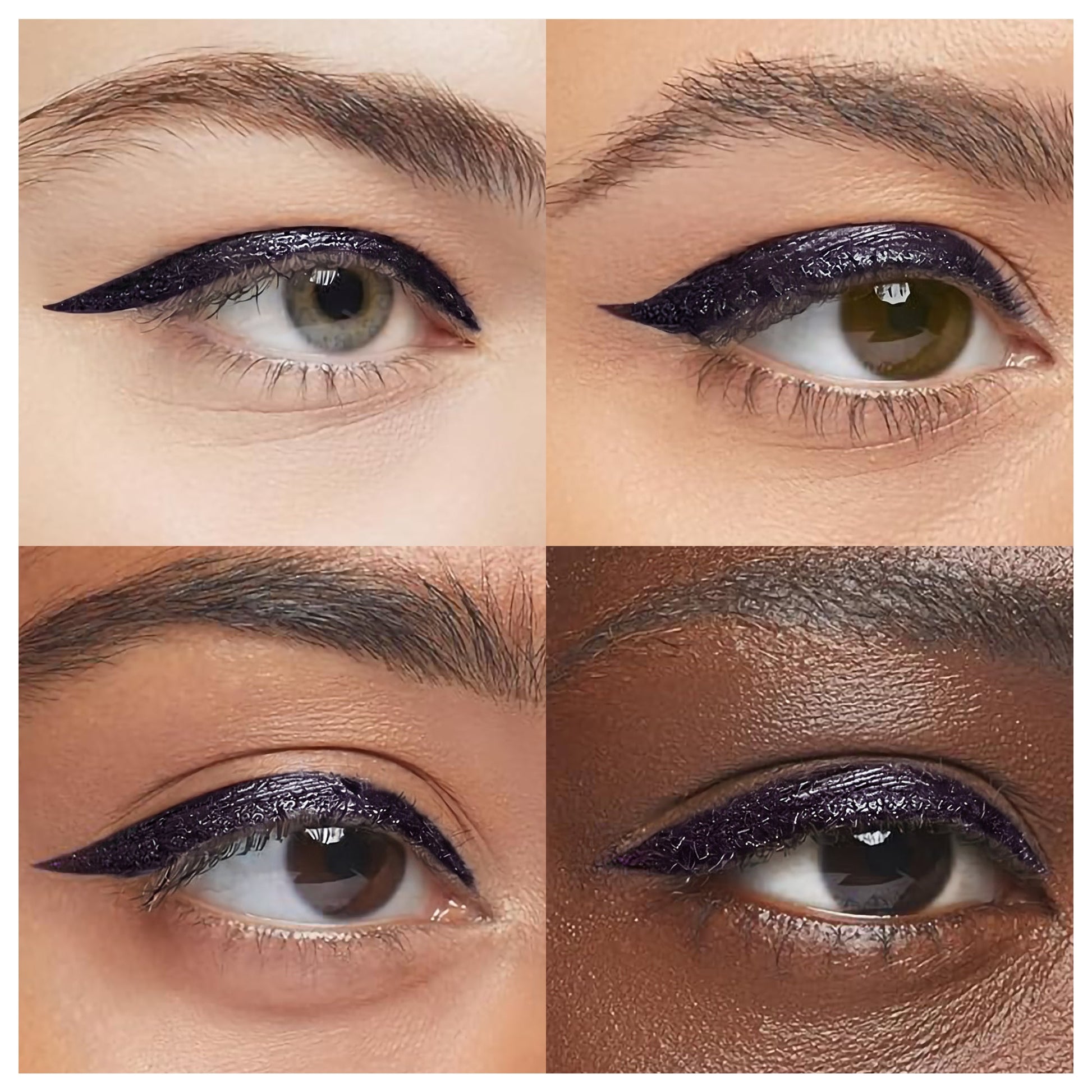 Close-up of eyes wearing dark blue liquid eyeliner with clean winged edges